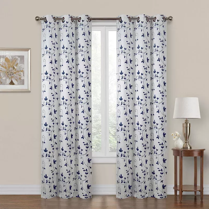 Chatham Navy Embroidered Sheer Grommet Curtain Panel, 84"