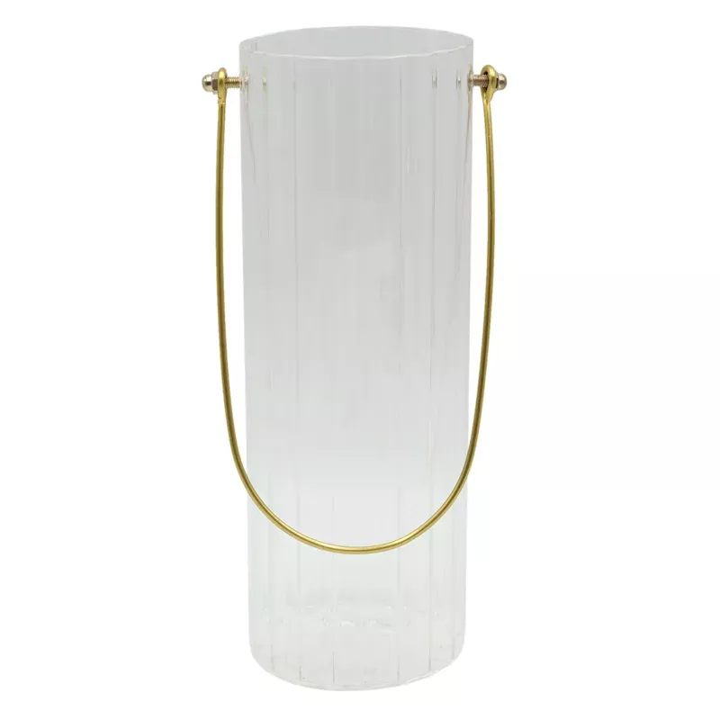 Clear Ribbed Glass Hurricane Candle Holder with Handle, 10"