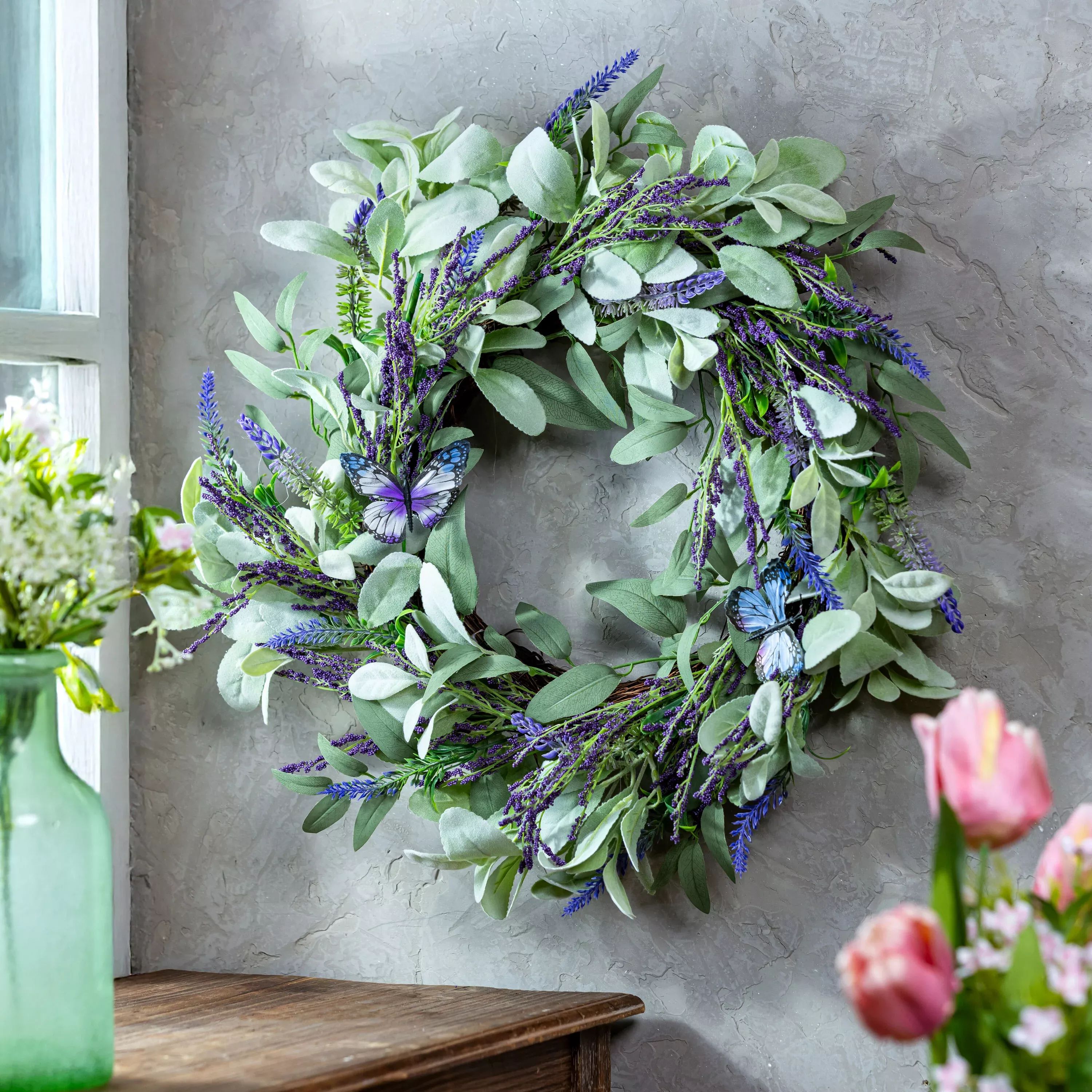 Cottage Garden Wreath Artificial Lavender with Butterflies, 21.5"