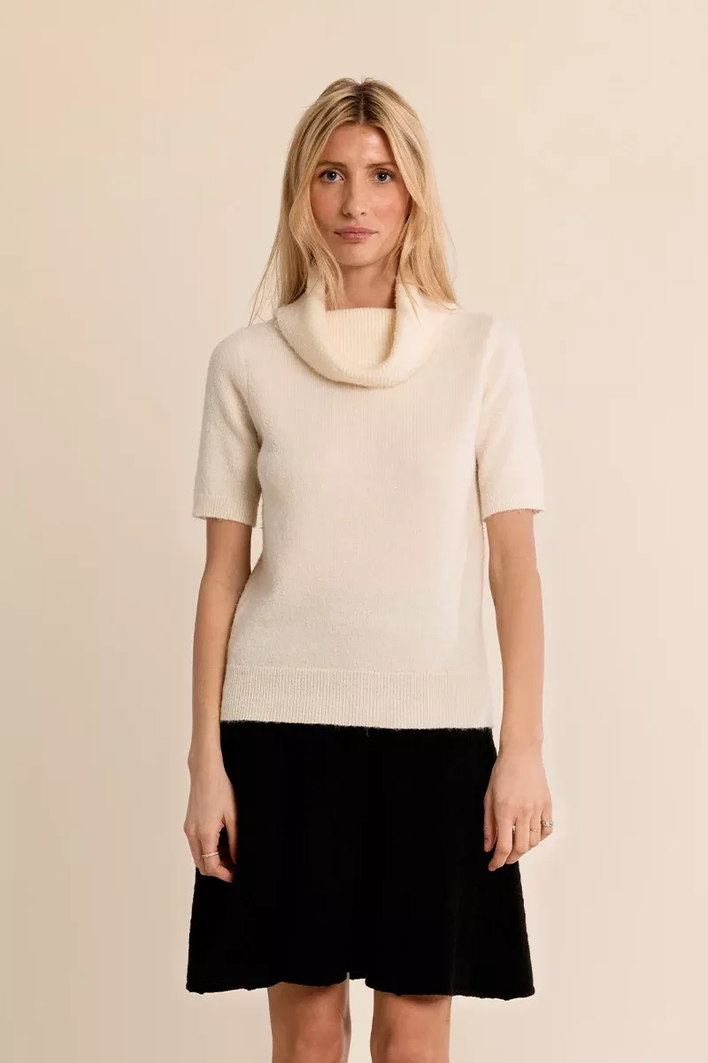 Cowl Neck Short Sleeve Sweater - Cream
