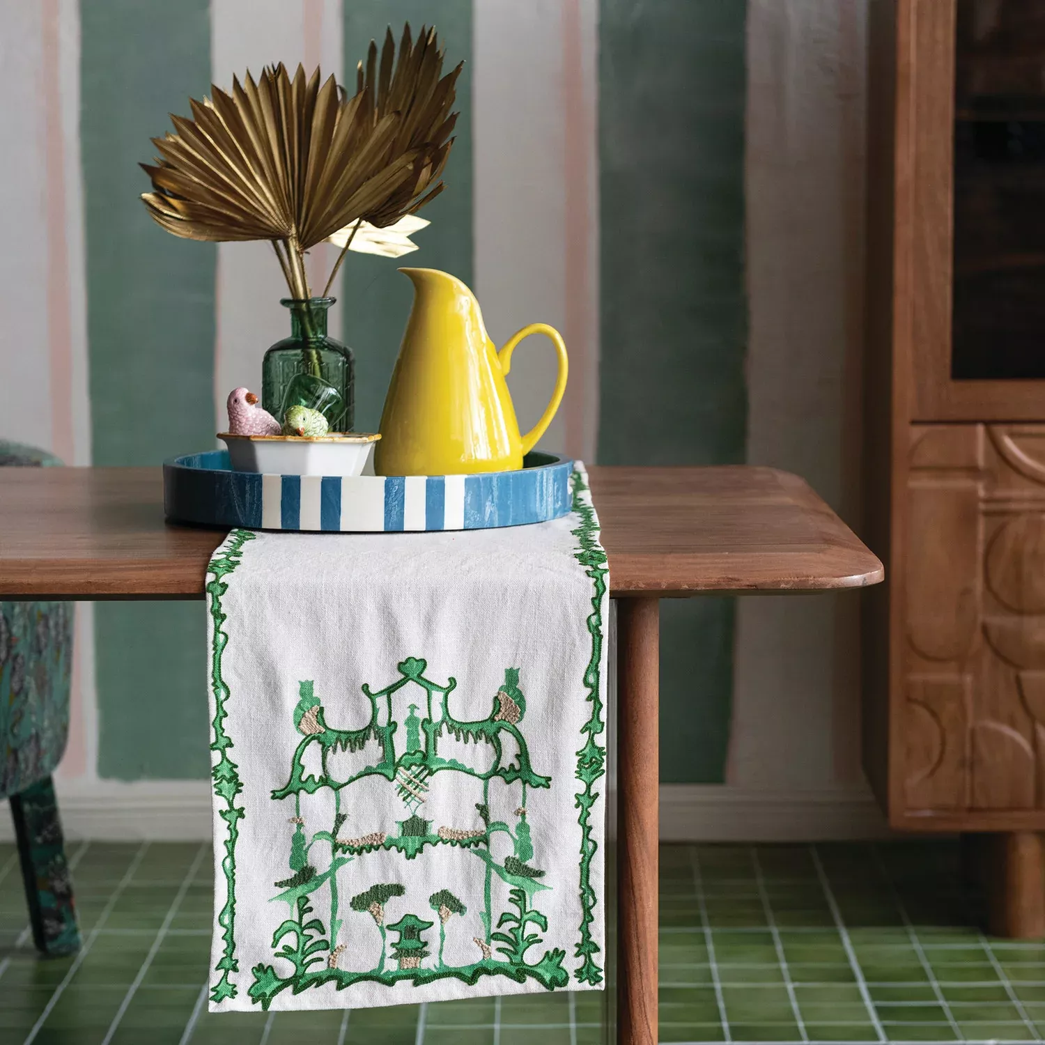 Creative Co-op - Cream & Green Woven Embroidered Table Runner