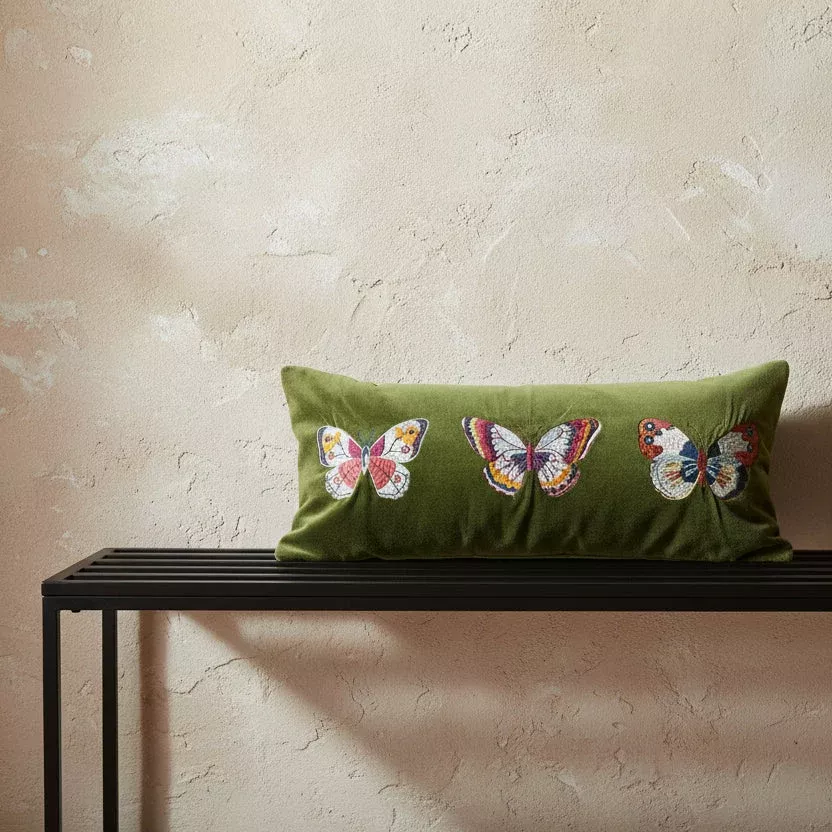 Creative Co-op - Embroidered Butterflies Cotton Velvet Lumbar Pillow