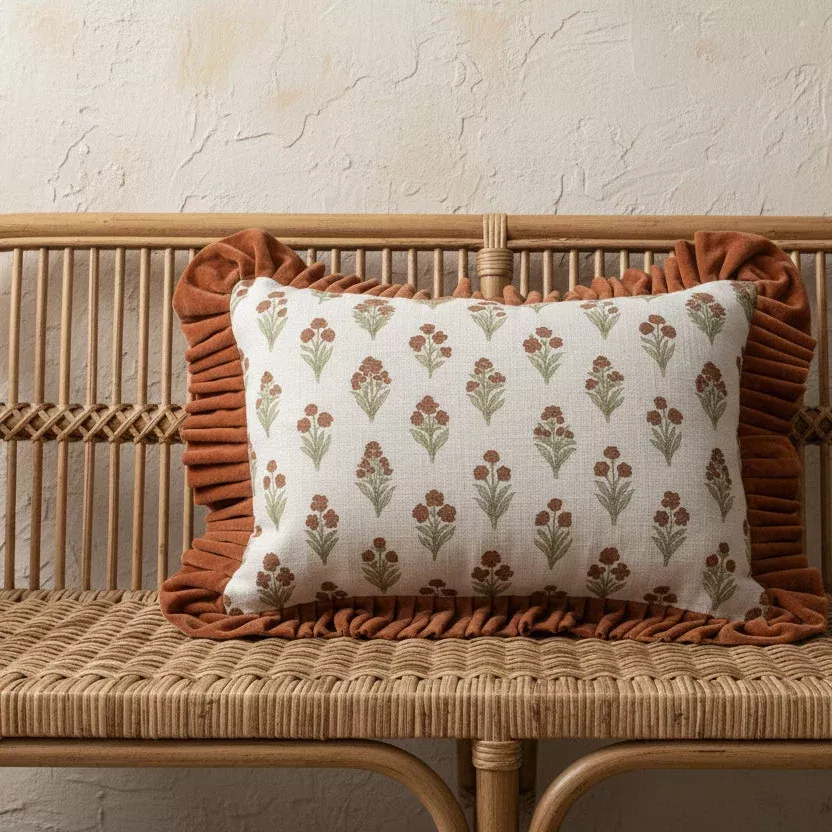 Creative Co-op - Floral Pillow with Velvet Ruffle