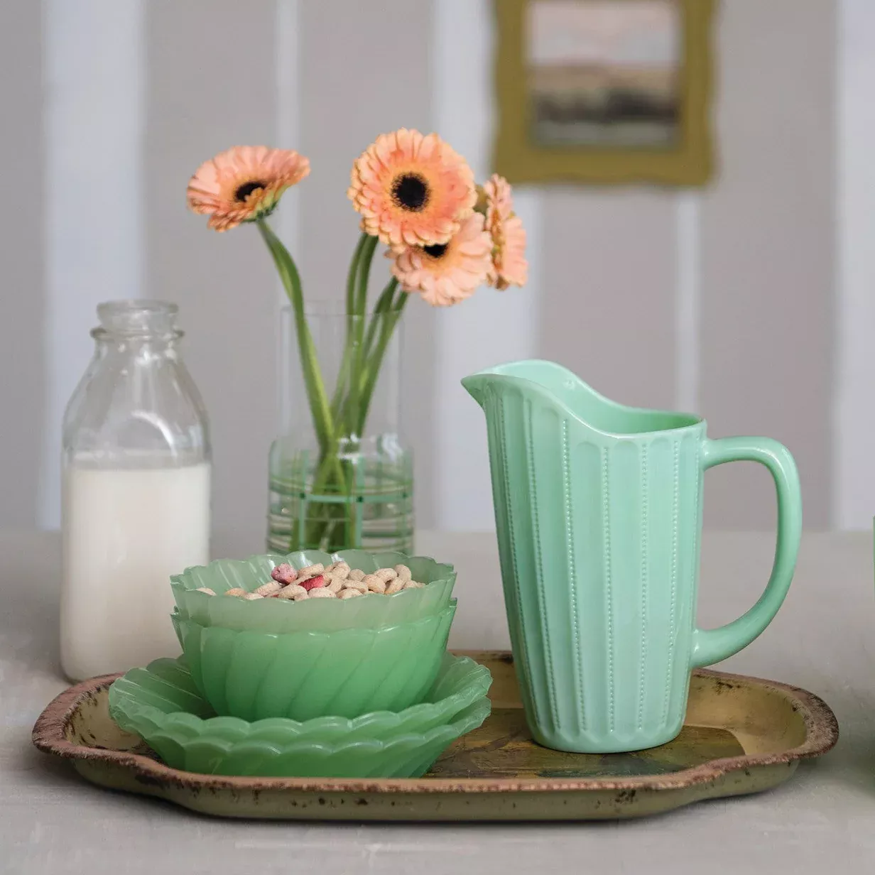 Creative Co-op - Green Pressed Milk Glass Pitcher