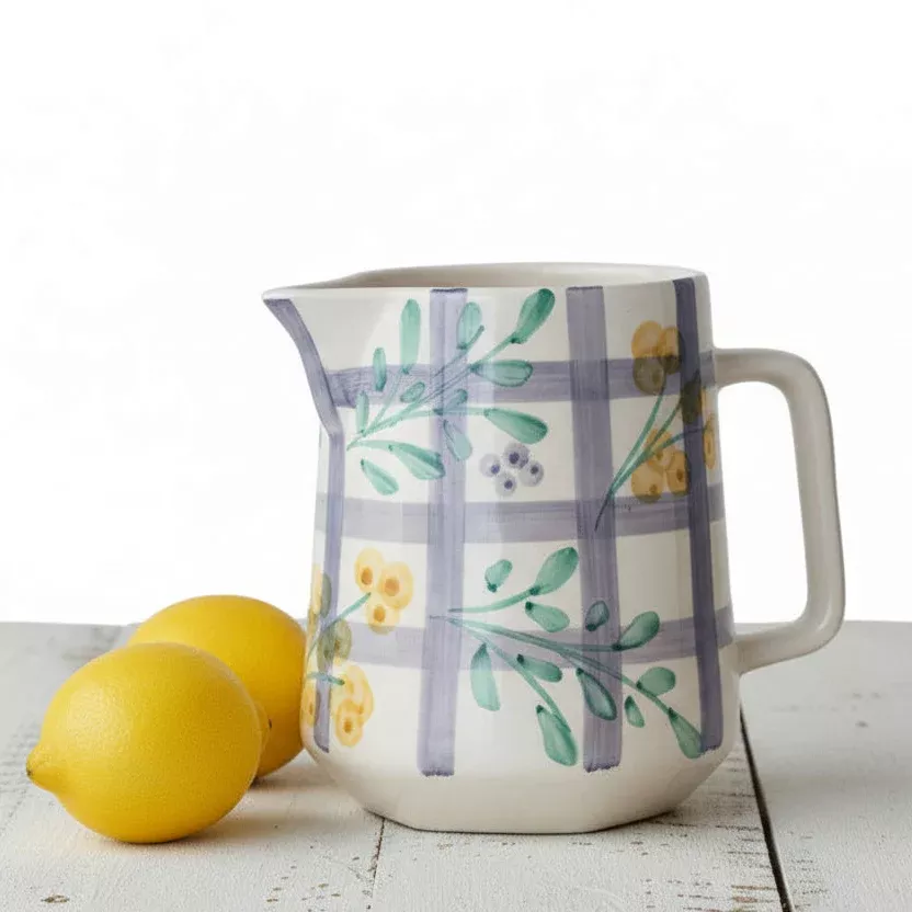 Creative Co-op - Plaid & Floral Stoneware Pitcher