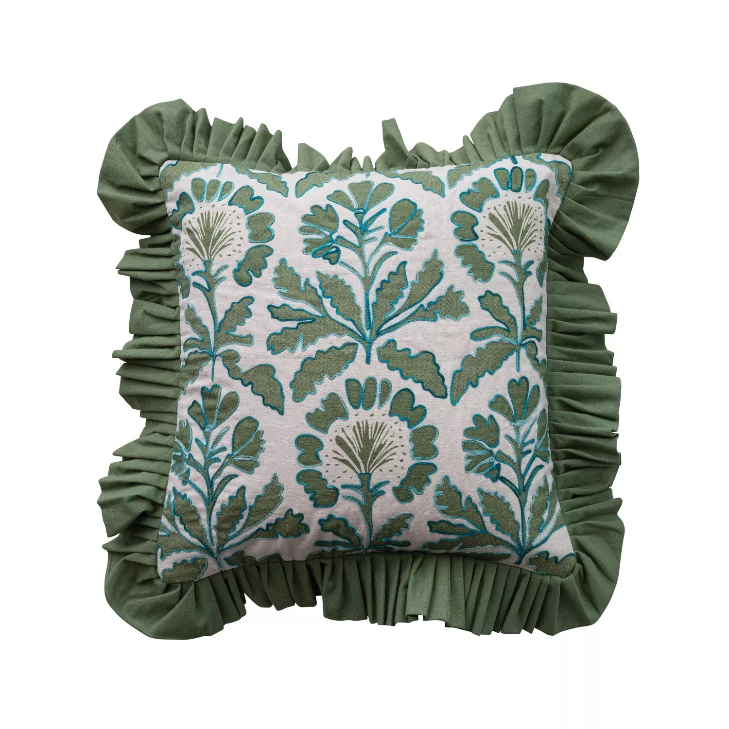 Creative Co-op - Ruffled Square Pillow with Embroidered Floral Pattern