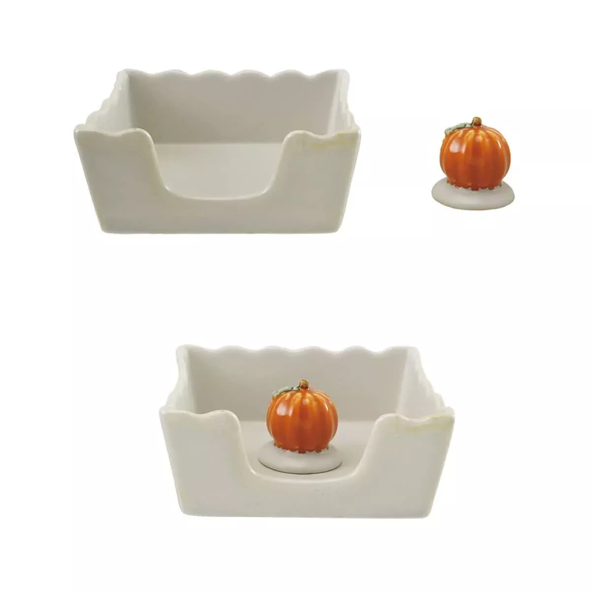 Creative Co-Op Stoneware Scallaped Cocktail Napkin Holder with Pumpkin Weight - Set of 2