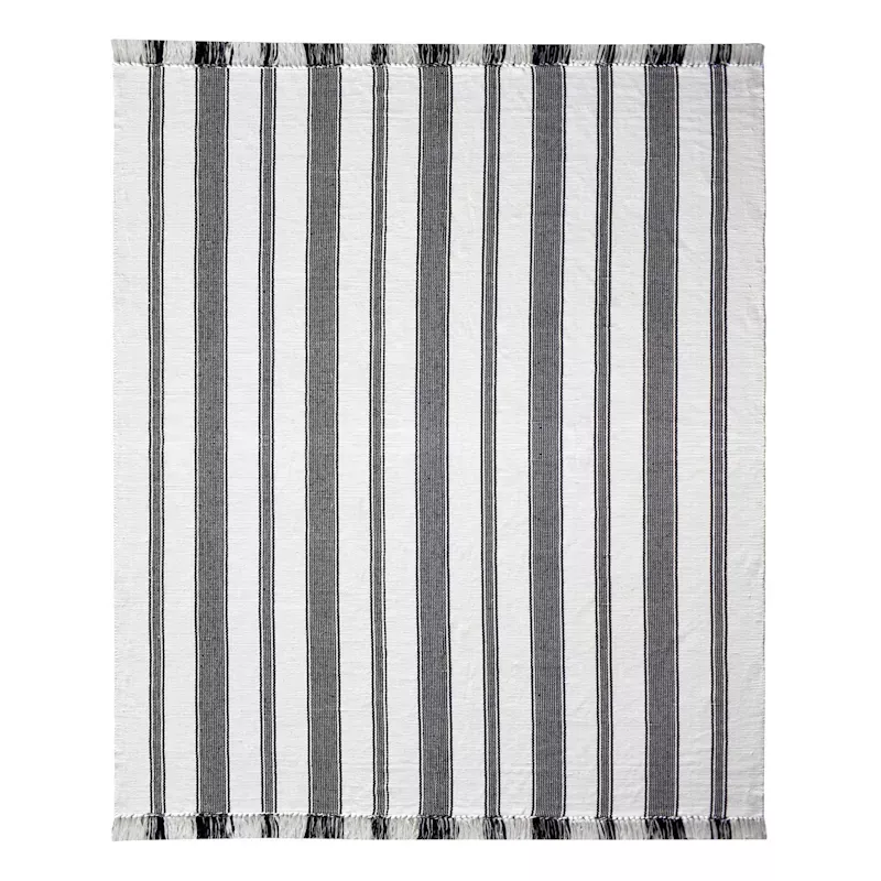(D551) Flatweave Ivory & Black Striped Area Rug, 8x10