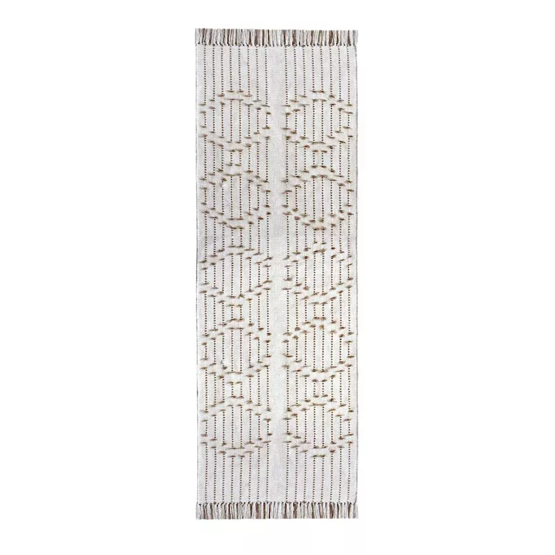 (D552) Flatweave Ivory & Beige Fringe Runner, 2x7