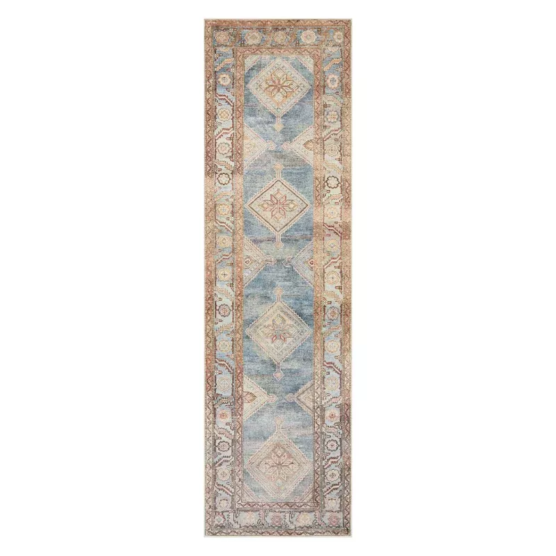 (D569) Freya Blue Multicolor Medallion Washable Runner, 2x7