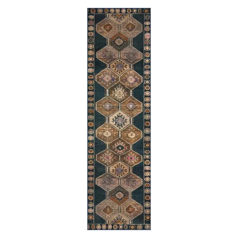 (D571) Freya Black Medallion Washable Runner, 2x7