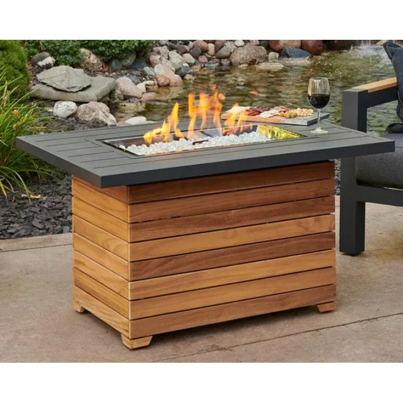 Darien 42 Inch Rectangular Teak Natural Gas Fire Pit Table in Gray by The Outdoor GreatRoom Company DAR-1224-K-NG