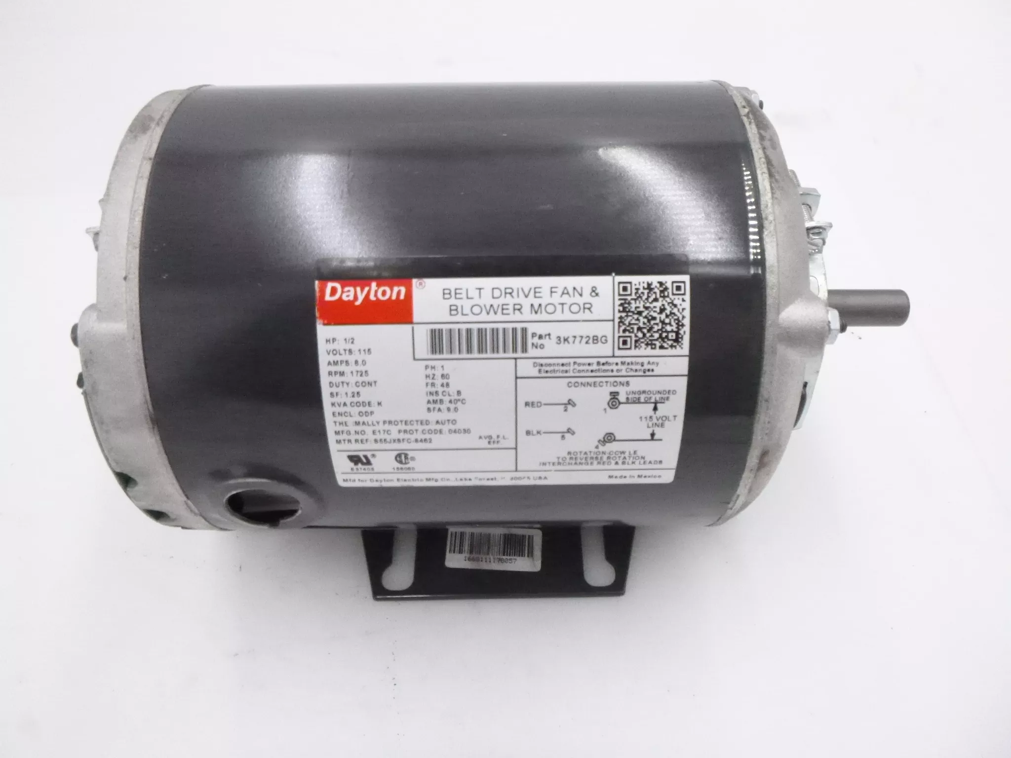 Dayton 3K772BG Belt Drive Fan & Blower Motor 1/2HP 115V 8Amp 1725RPM