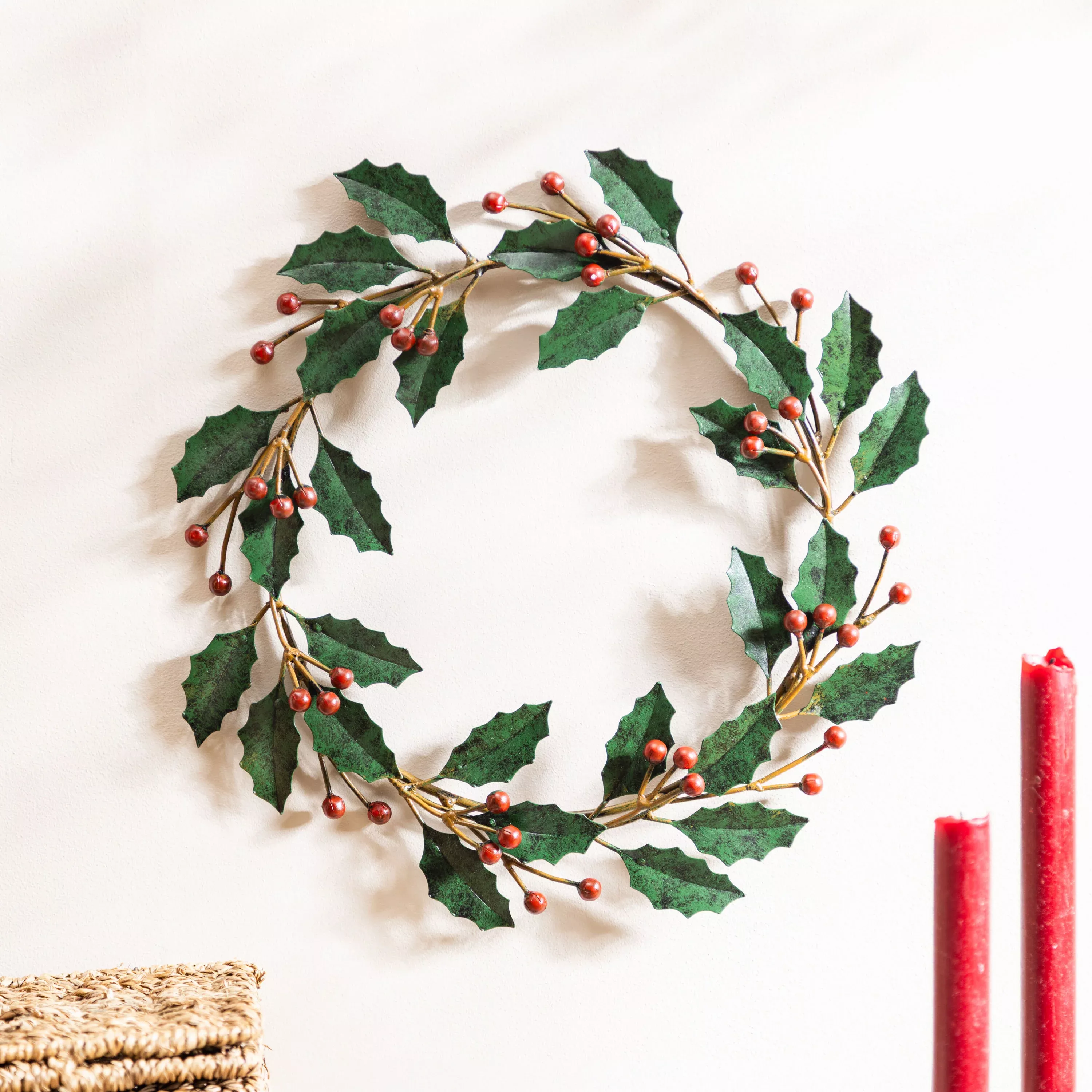 Distressed Metal Holly Wreath