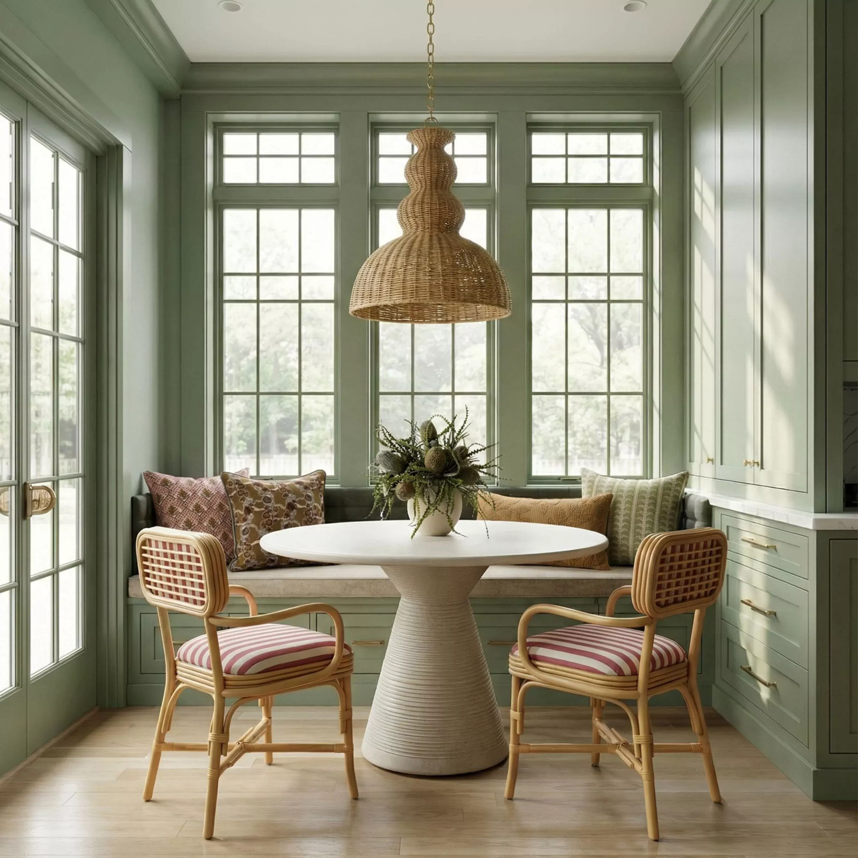 Dorine Striped Linen & Rattan Dining Armchair - Rose