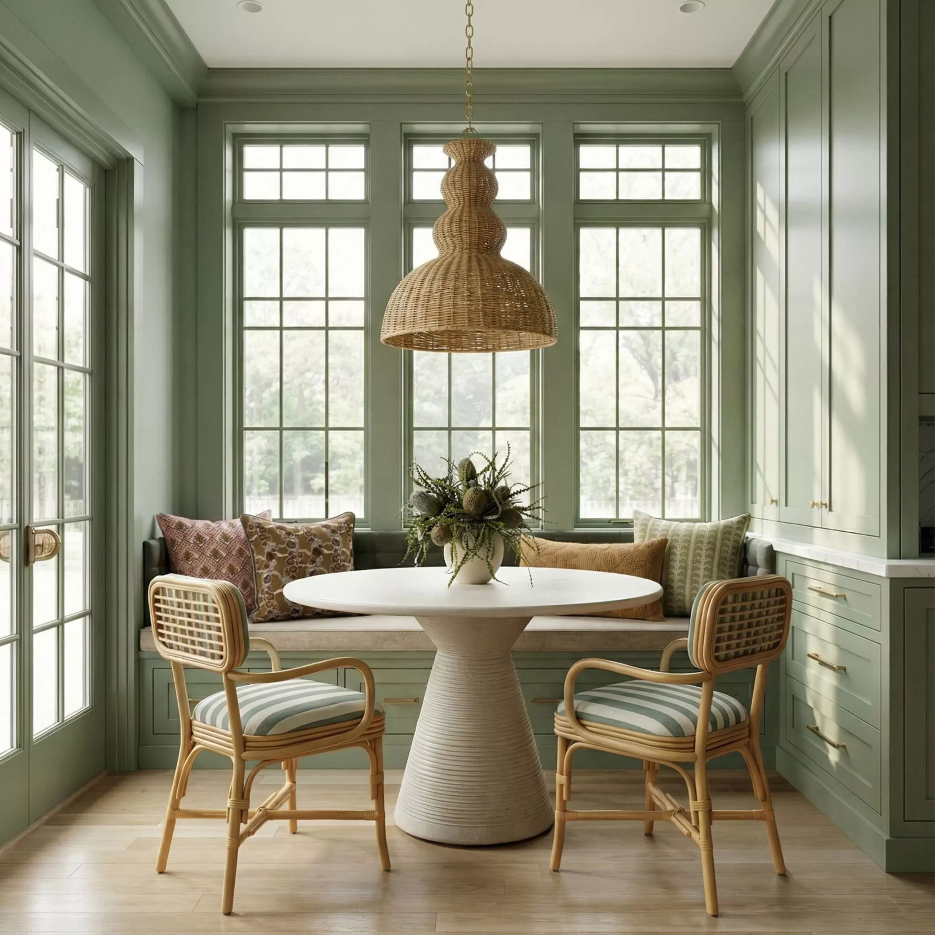 Dorine Striped Linen & Rattan Dining Armchair - Sage