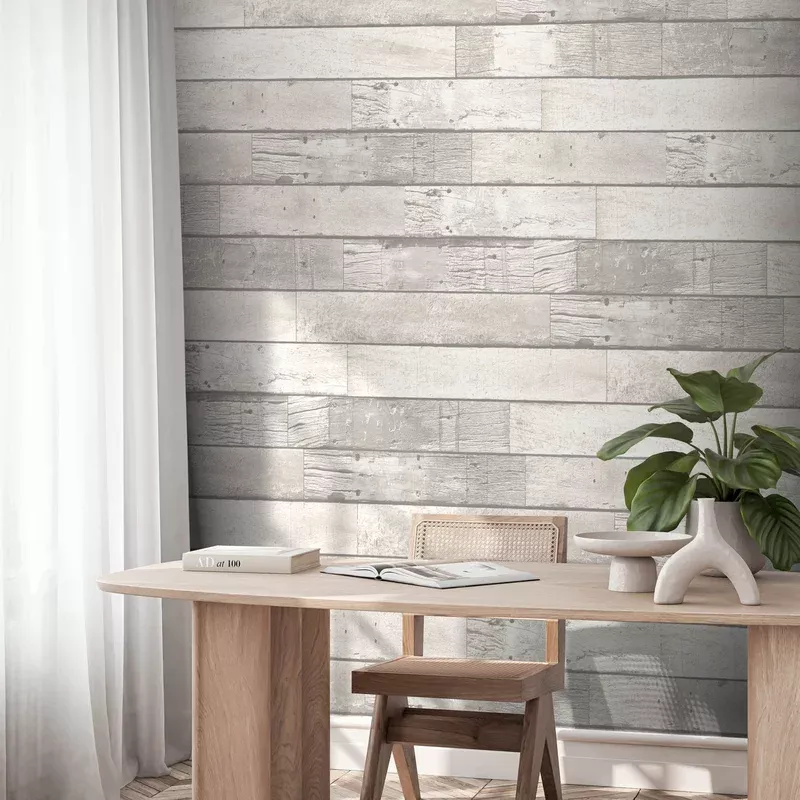 Driftwood Plank Cottage White Wallpaper