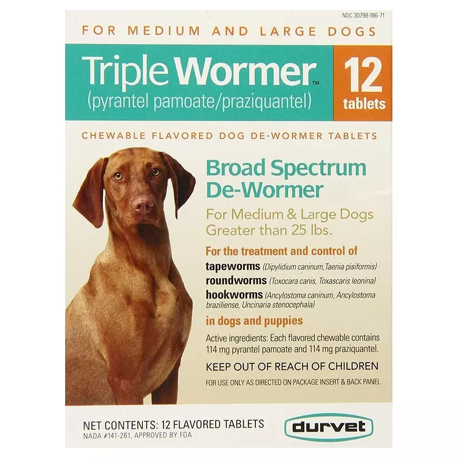 Durvet Triple Broad Spectrum Chewable De-Wormer for Medium or Large Dogs - 12 pk