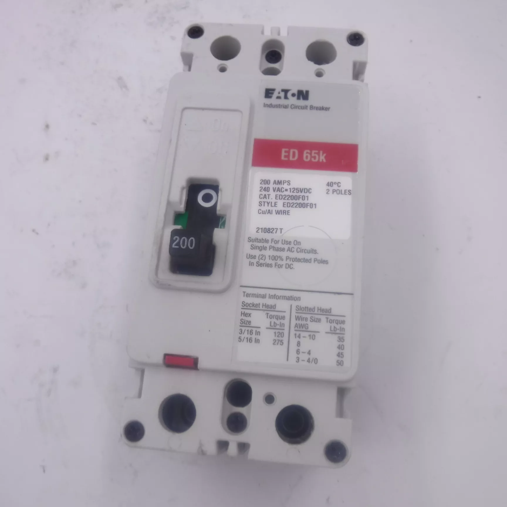 Eaton Industrial Circuit Breaker ED2200F01 200A 240VAC 2 Poles 40°C
