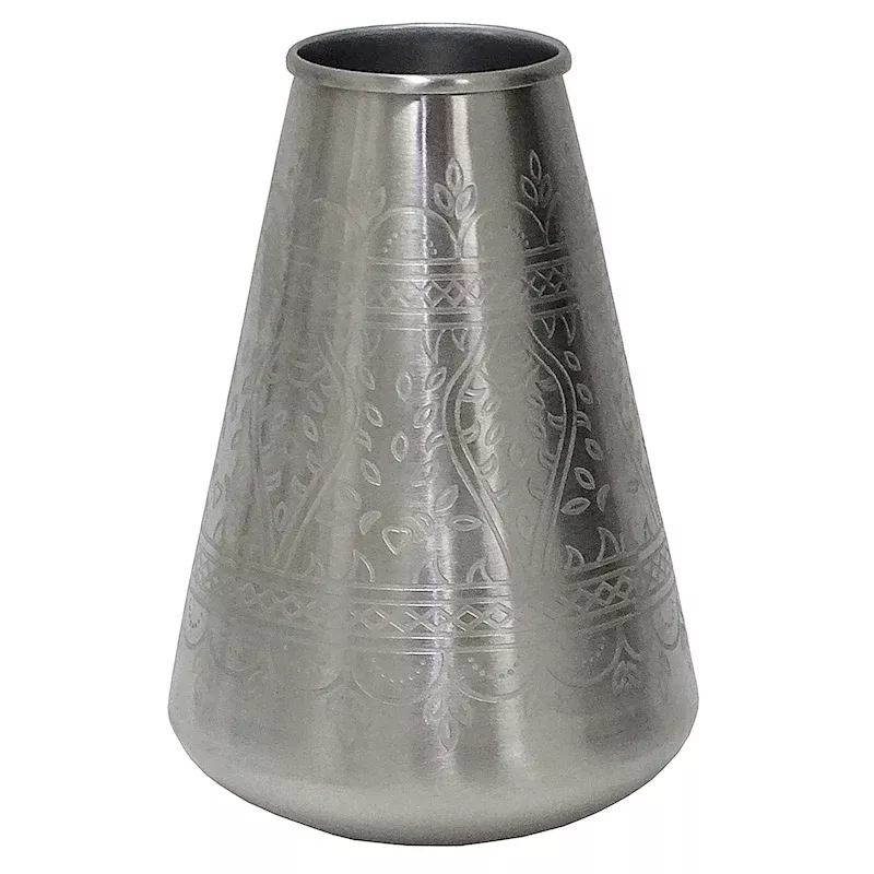 Etched Silver Metal Vase, 7"