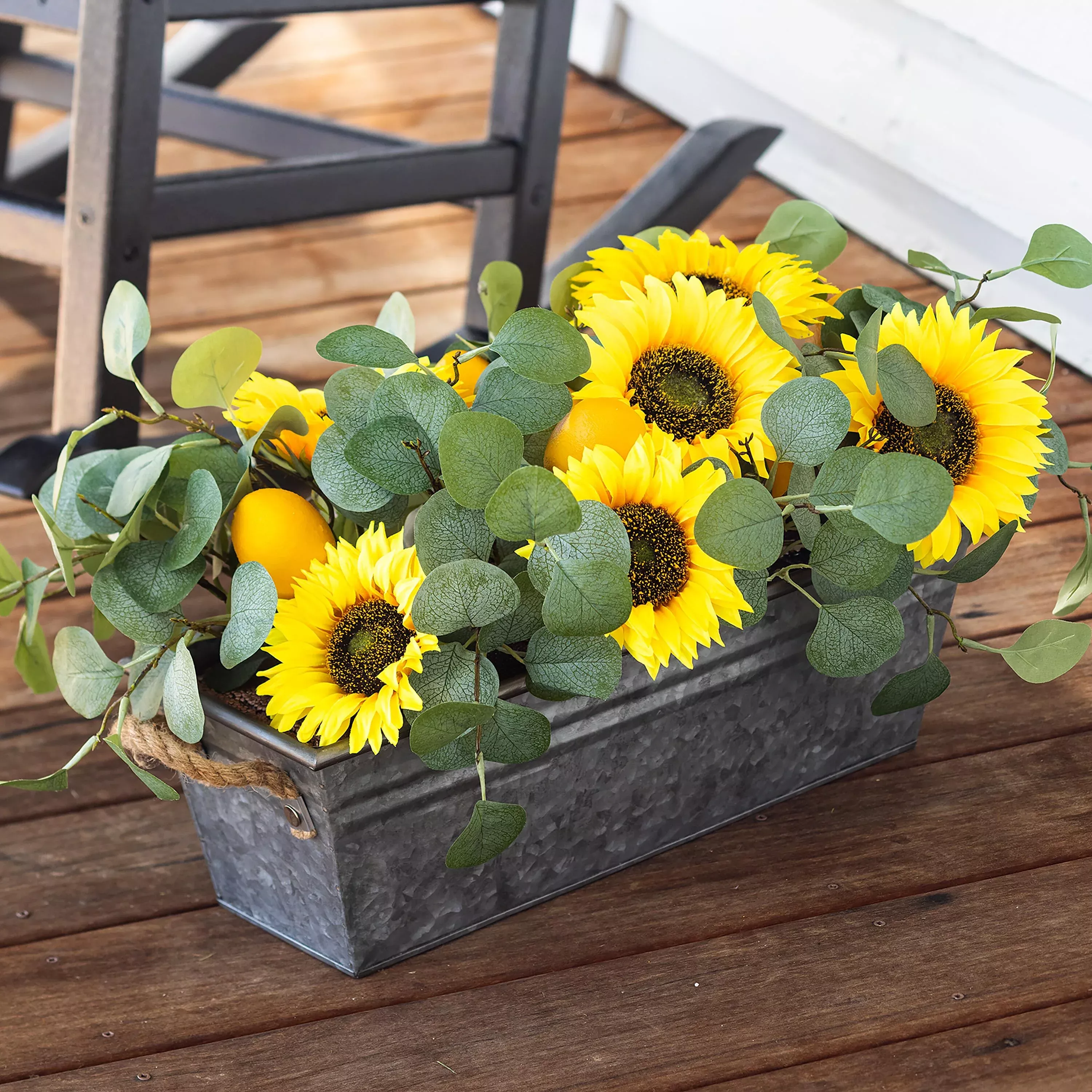 Faux Sunflower, Lemon and Eucalyptus Floral Arrangement in Planter