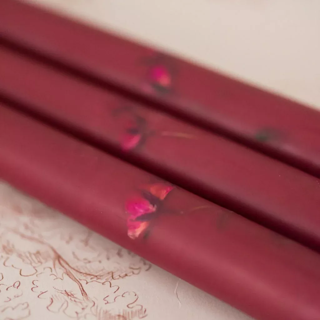 Floral Inlaid Tapered Candle in Burgundy - Set of 3