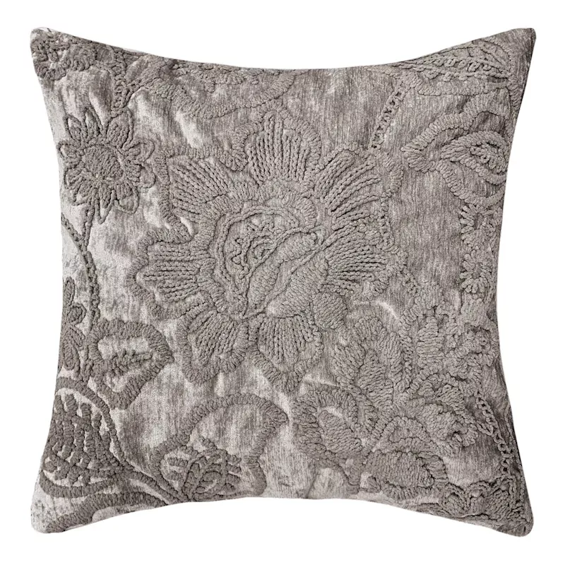 Frannie Taupe Floral Embroidered Throw Pillow, 18"