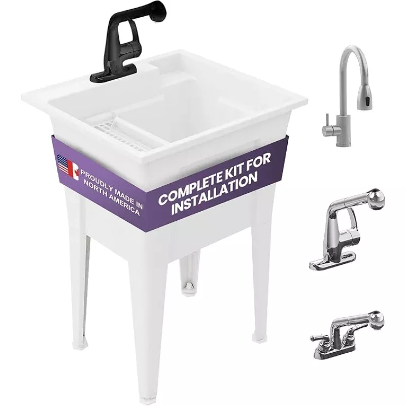 Freestanding Utility Sink with One Handle Black Faucet – 24 Plastic Utility Sink for Garage, Laundry, Indoor and Oudoor Use – Laundry Tub Kit by Noah William Home – Black (19.5 gal)