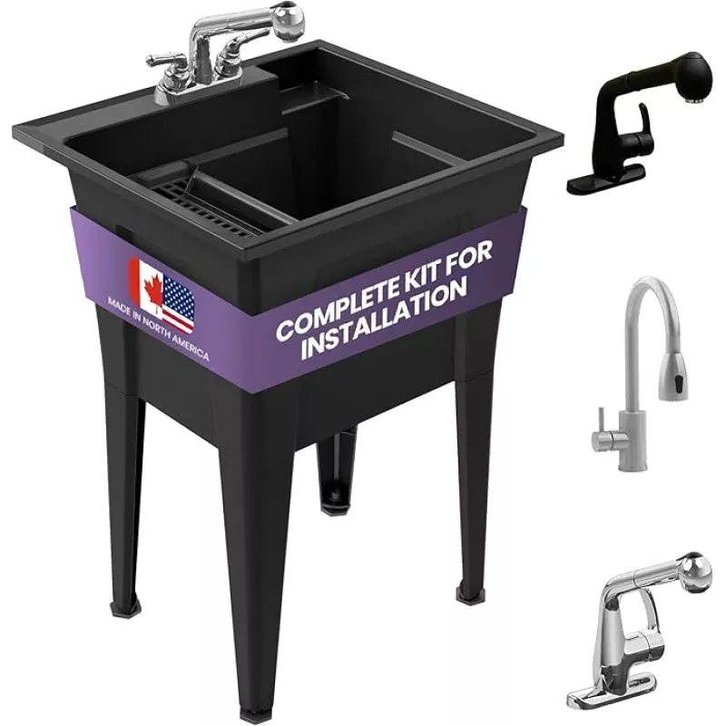 Freestanding Utility Sink with Two Handle Chrome Faucet – 24 Plastic Utility Sink for Garage, Laundry, Indoor and Oudoor Use – Laundry Tub Kit by Noah William Home – White (19.5 gal)