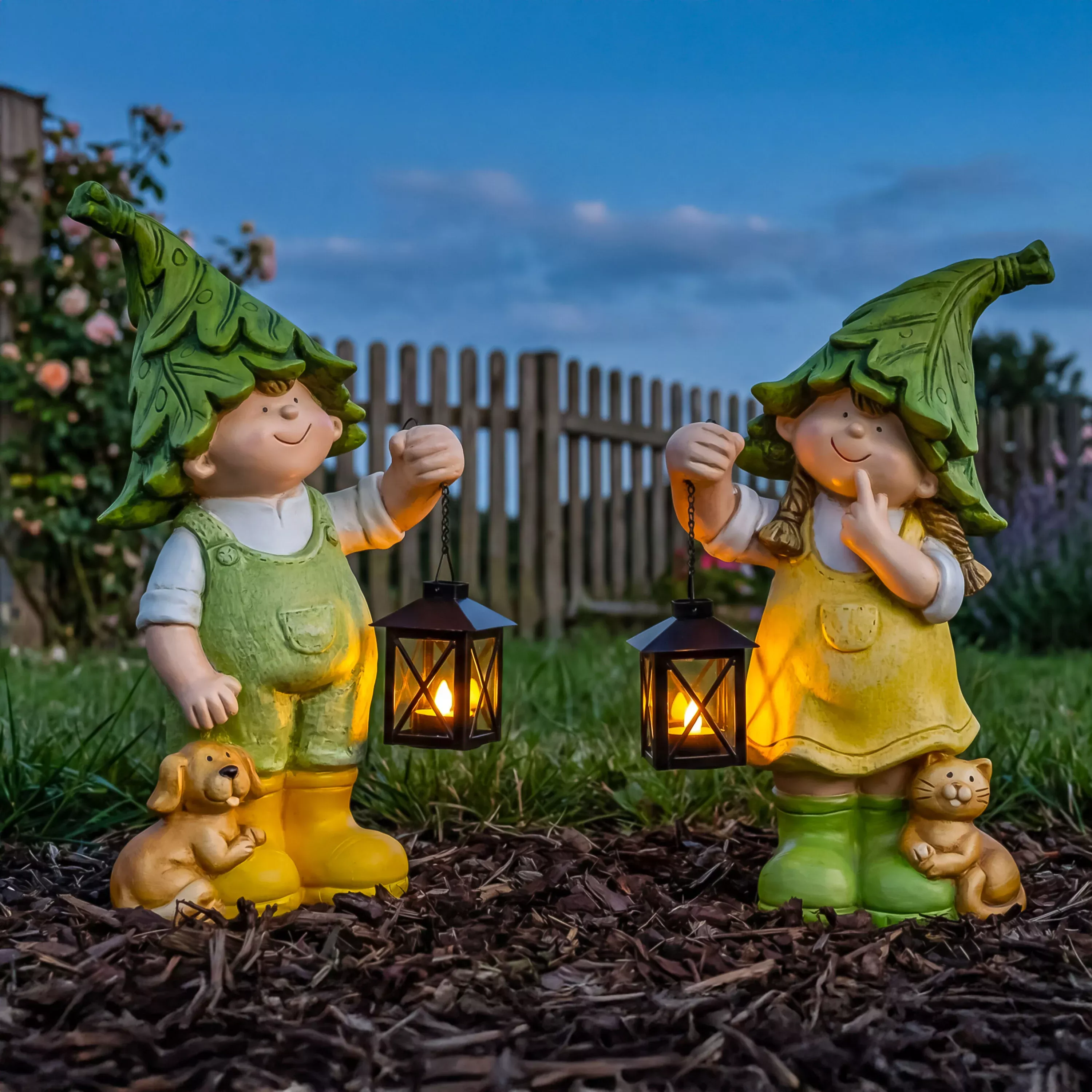 Garden Friends Statues with Lanterns, Set of 2