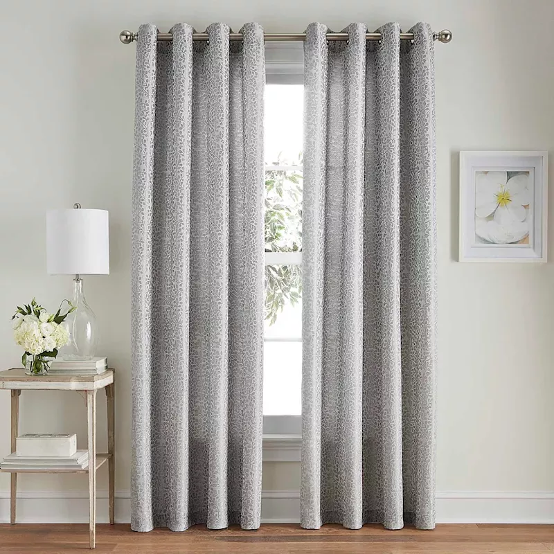 Gazebo Grey Botanical Jacquard Light Filtering Grommet Curtain Panel, 84"
