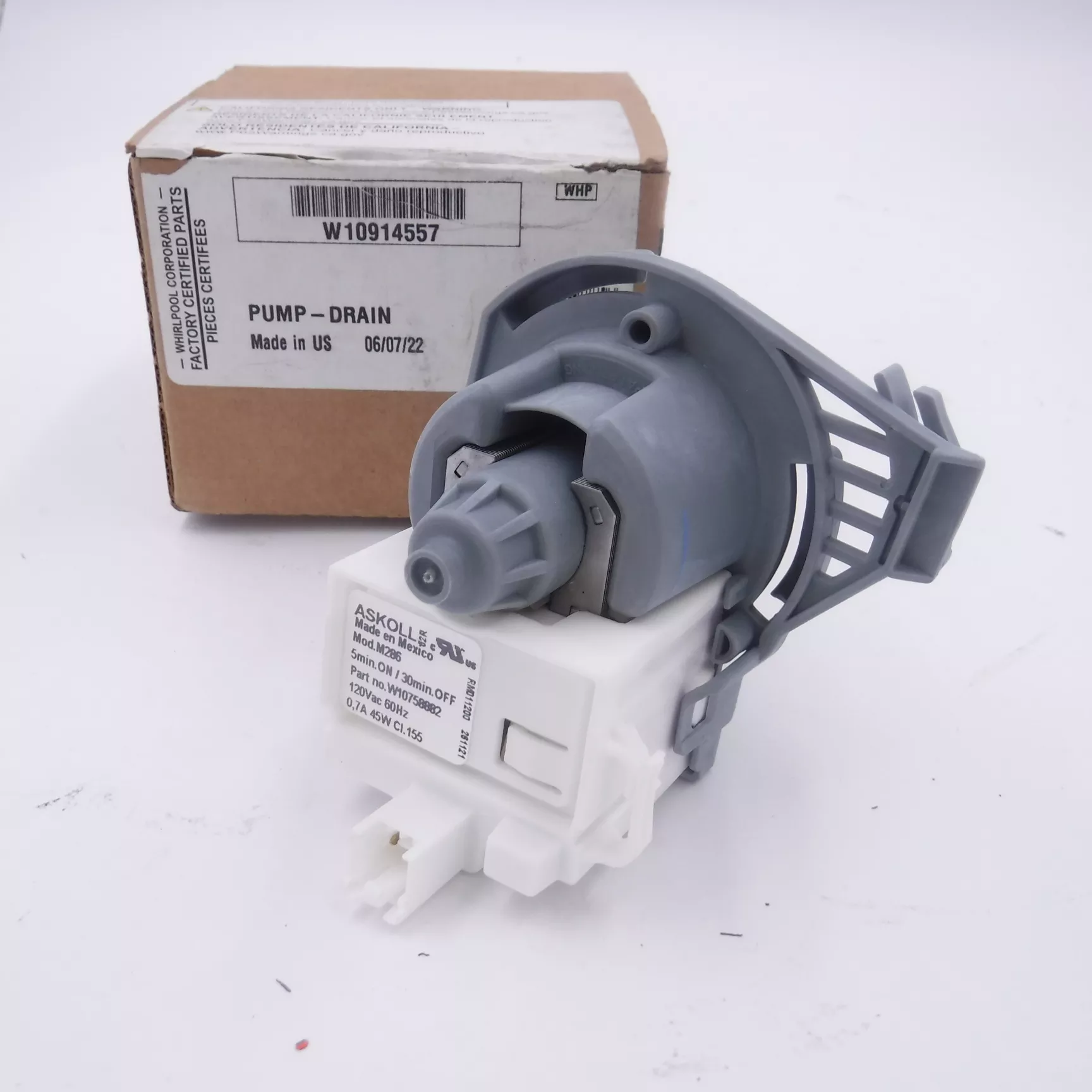 Genuine OEM Whirlpool W10914557 Dishwasher Drain Pump