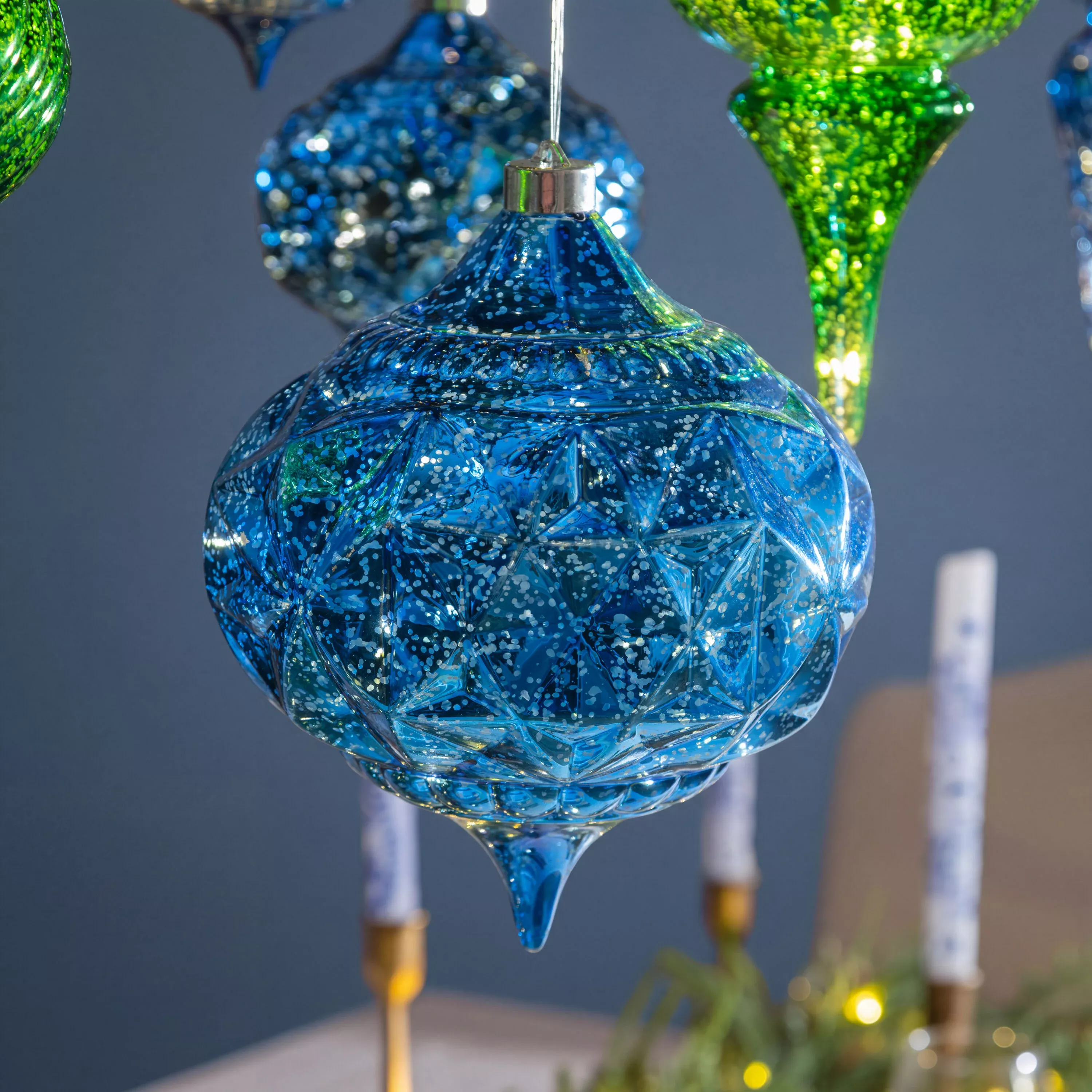 Geometric Round LED Shatter Proof Ornament, Blue