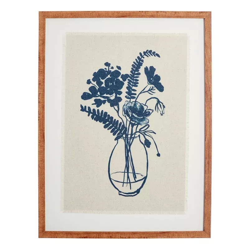 Glass Framed Navy Blue Botanical Print Wall Art, 19x25