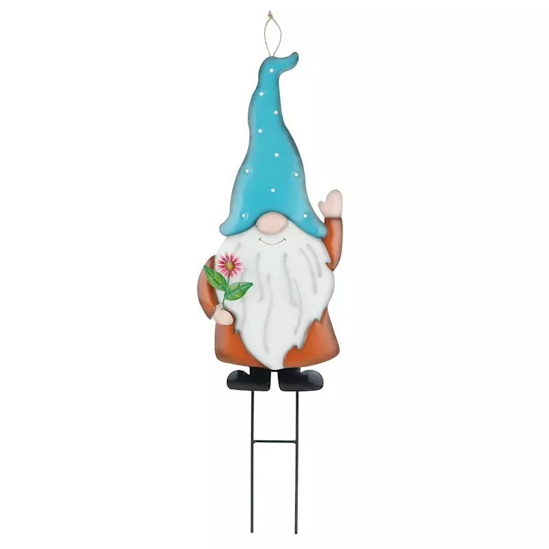 Gnome with Blue Hat Metal Yard Stake, 31"