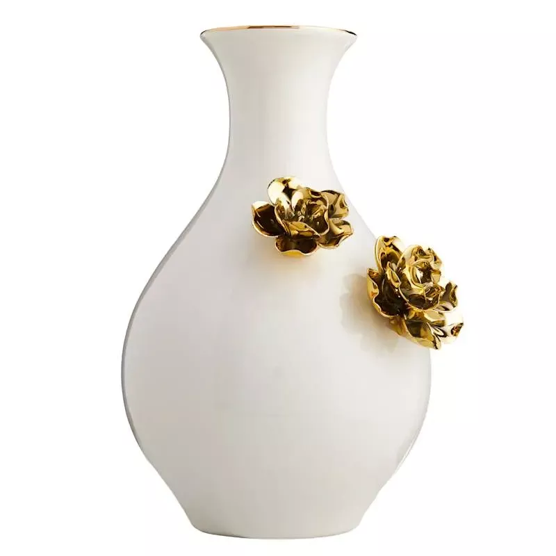 Gold Flower Narrow Mouth Ceramic Vase, 10"