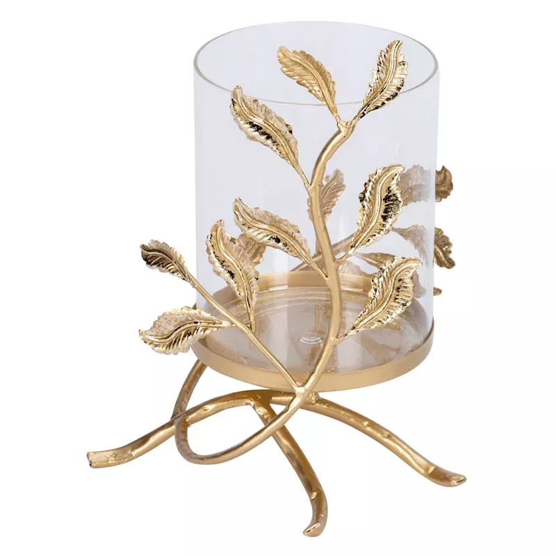 Gold Metal Leaves & Glass Candle Holder, 10"