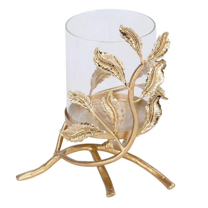 Gold Metal Leaves & Glass Candle Holder, 8"
