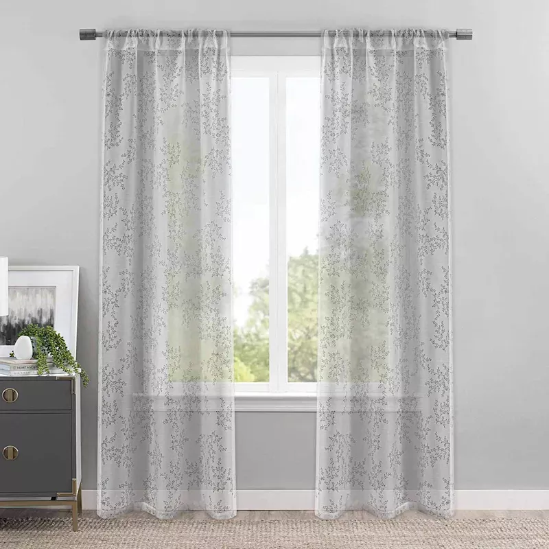 Grey Botanical Leaf Burnout Sheer Curtain Panel, 84"