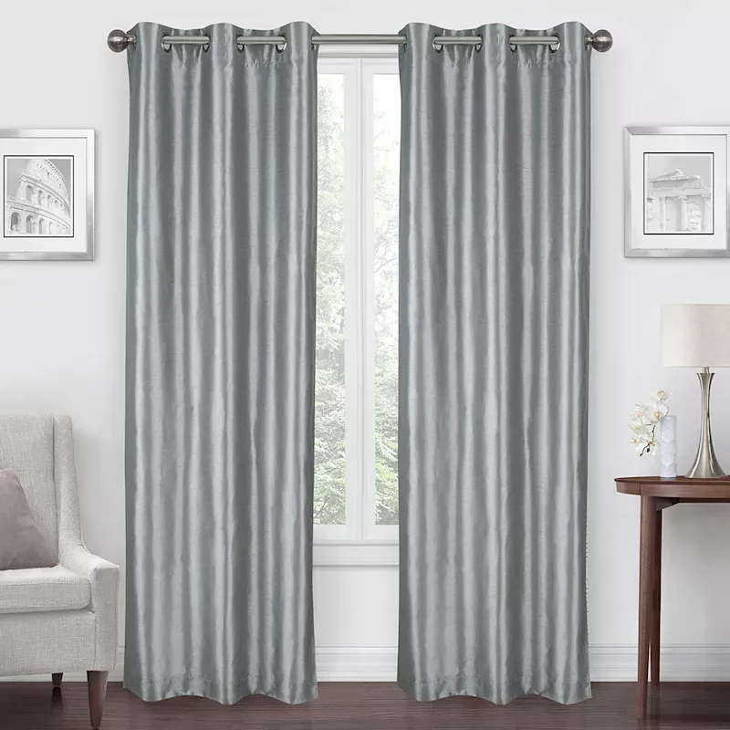 Grey Faux Silk Blackout Grommet Curtain Panel, 84"