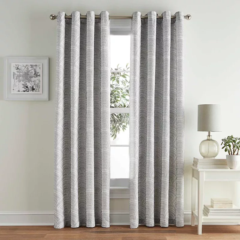Grey Geometric Jacquard Light Filtering Grommet Curtain Panel, 84"