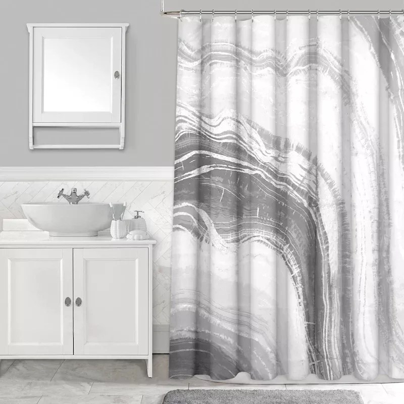 Grey Marbled Print Metallic Shower Curtain, 72"