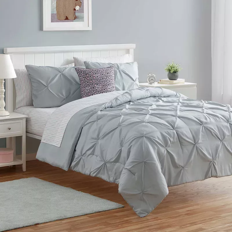 Grey Pinch Pleated Comforter Set, Twin