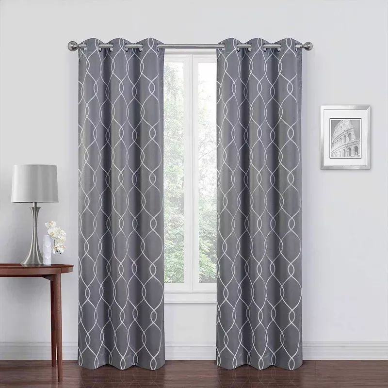 Grey & White Embroidered Blackout Grommet Curtain Panel, 63"