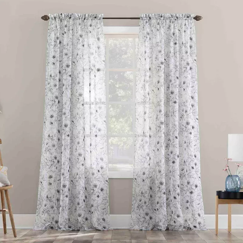 Grey & White Poppy Print Rod Pocket Sheer Curtain Panel, 84"