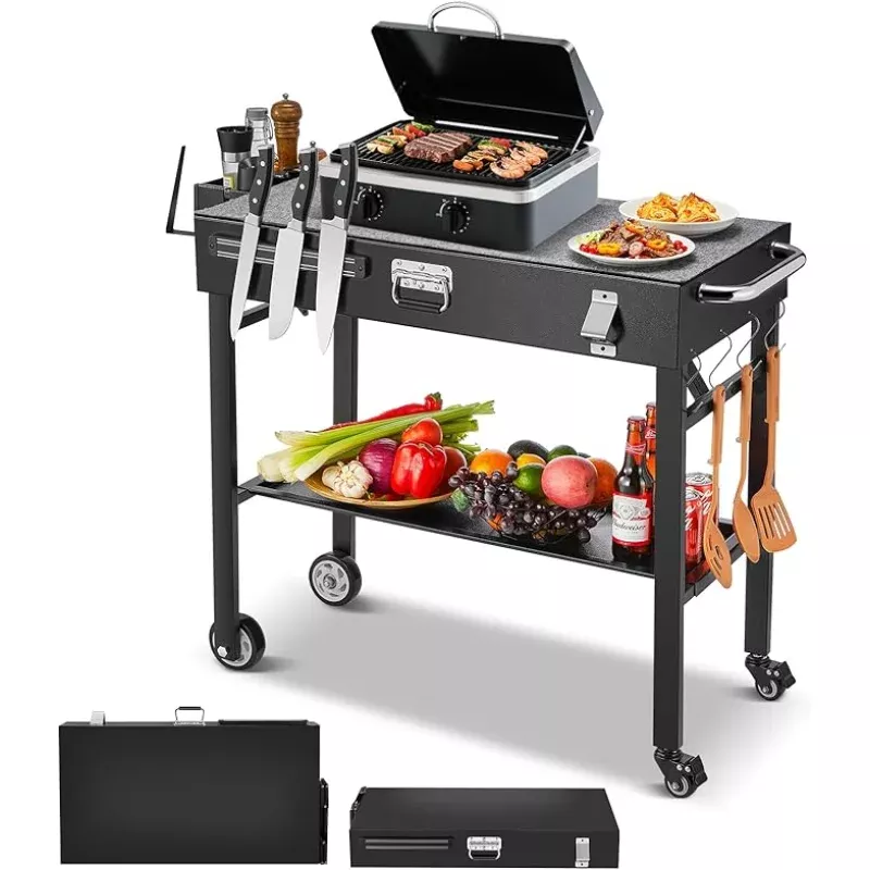 Grill Cart, Portable Outdoor Grill Table for Blackstone Griddle, Foldable Cart Table with Wheels, Griddle Stand with Paper Towel Holder, BBQ Prep Tables with Seasoning Tray