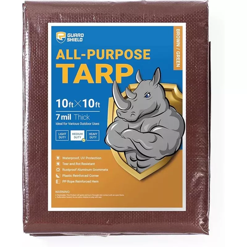 GUARD SHIELD Brown/Green Tarp 10×10 Feet Medium Duty Outdoor Waterproof Multi Purpose Poly Tarps Cover 7mil
