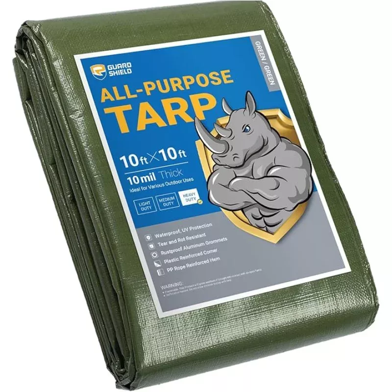 GUARD SHIELD Heavy Duty Tarp 10×10 Feet Green Multi Purpose Thick Waterproof Poly Tarp Cover 10mil