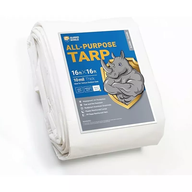 GUARD SHIELD Heavy Duty Tarp 16×16 Feet White Multi Purpose Thick Waterproof Poly Tarp Cover 10mil