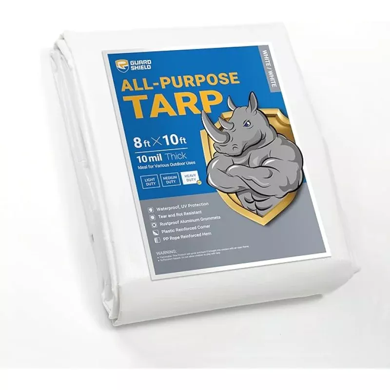 GUARD SHIELD Heavy Duty Tarp 8×10 Feet White Multi Purpose Thick Waterproof Poly Tarp Cover 10mil